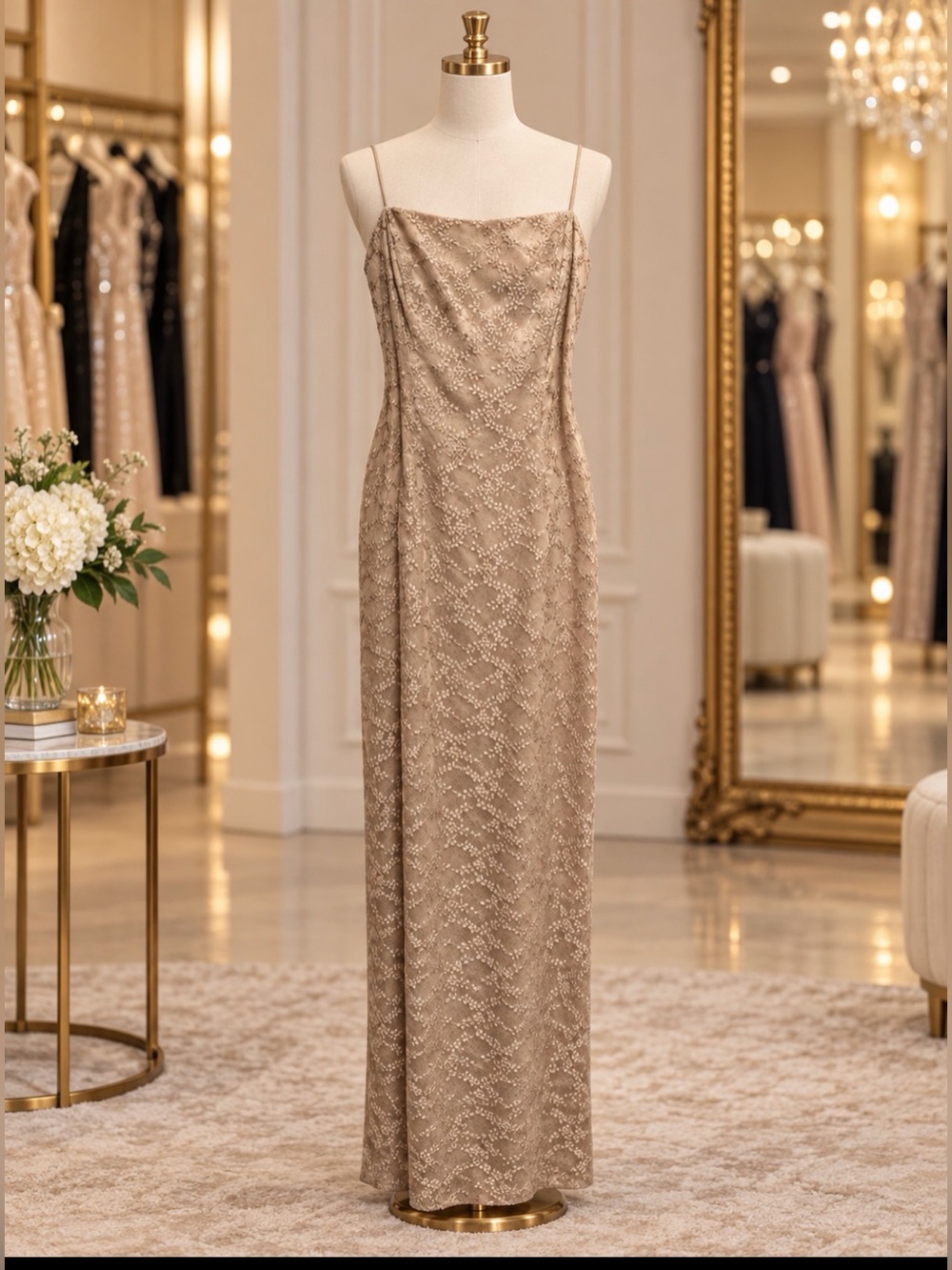 Alex Evenings size 6 cream maxi embroidered floral mesh overlay gown dress